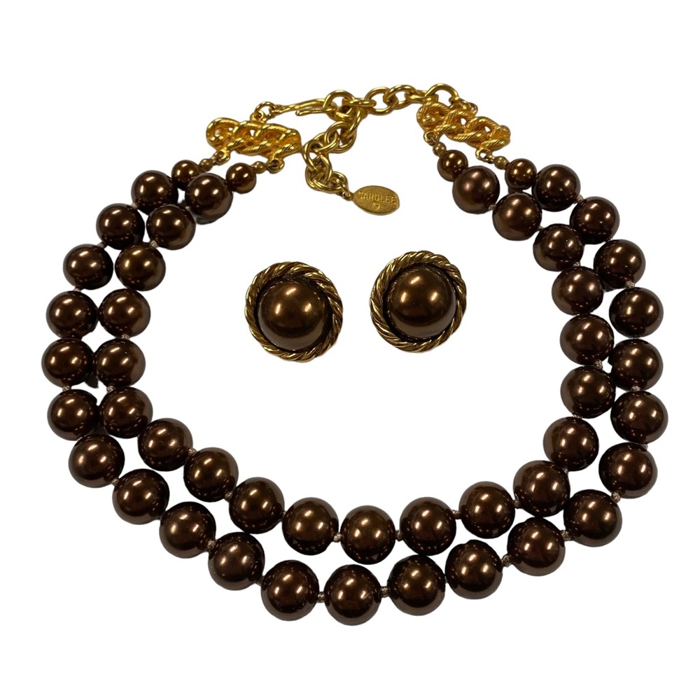 Vintage Carolee Double Strand Gold Tone Faux Brown Pearl Necklace Earrings Set